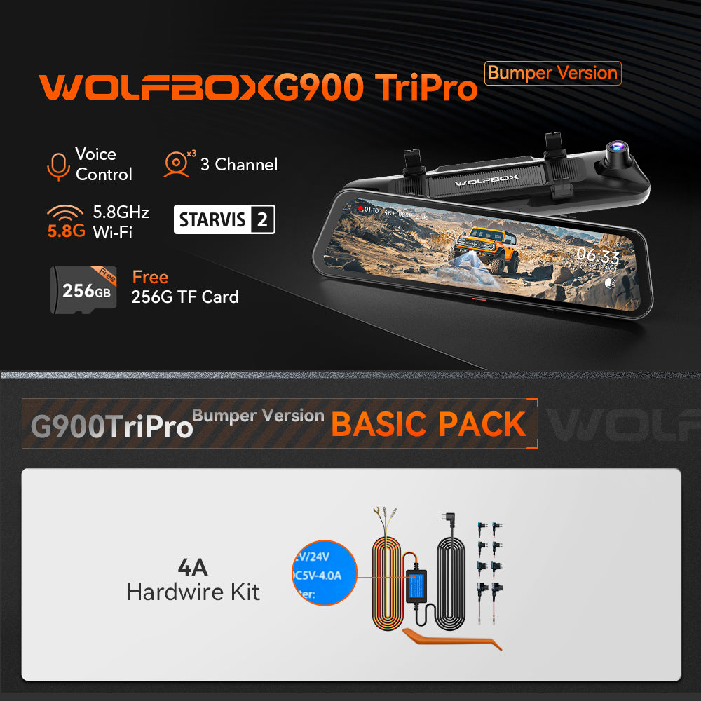 WOLFBOX G900 TriPro Bumper Version 3 Channel Rearview Mirror Cam