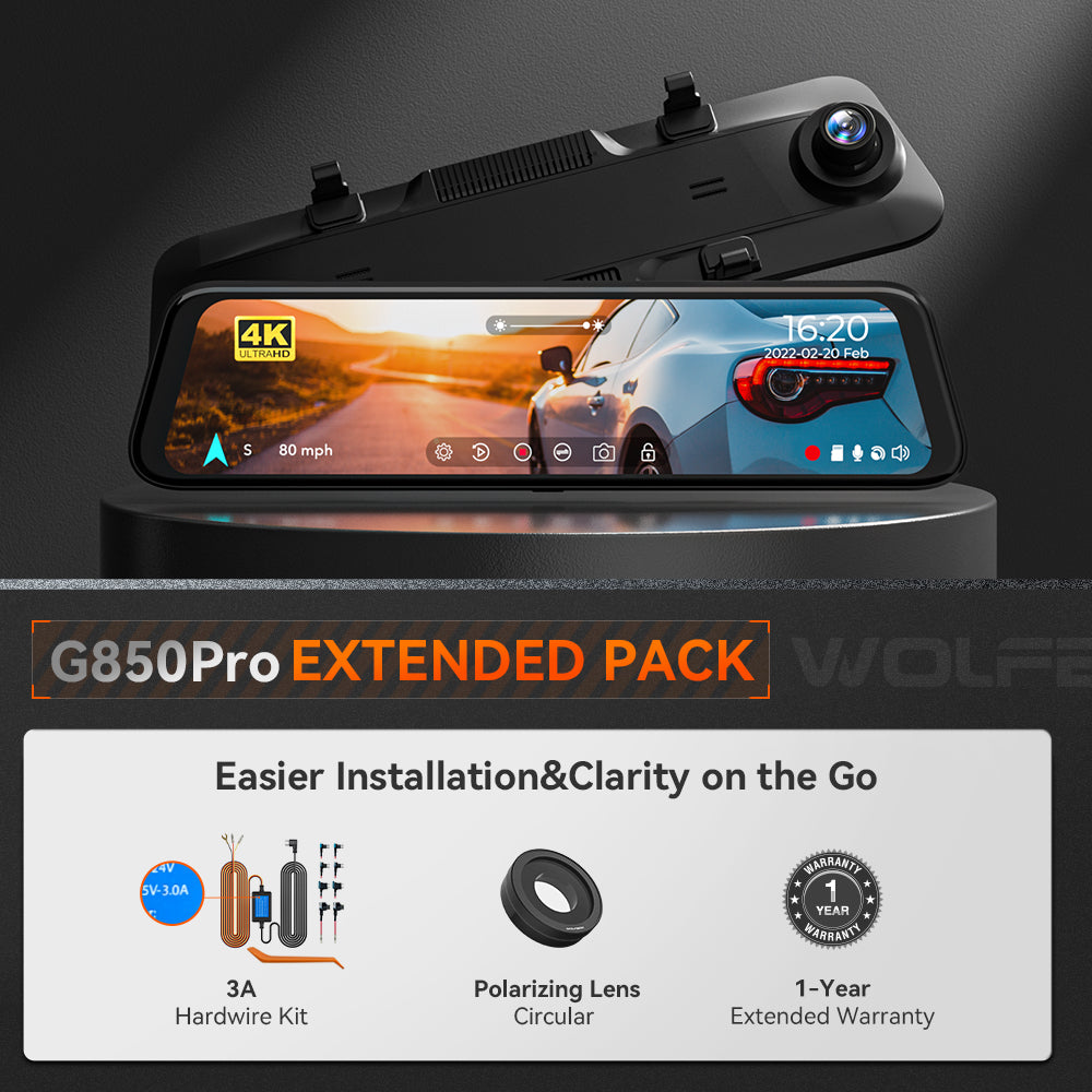 WOLFBOX G850Pro 4K Wifi ADAS Front and Rear Mirror Dash Cam