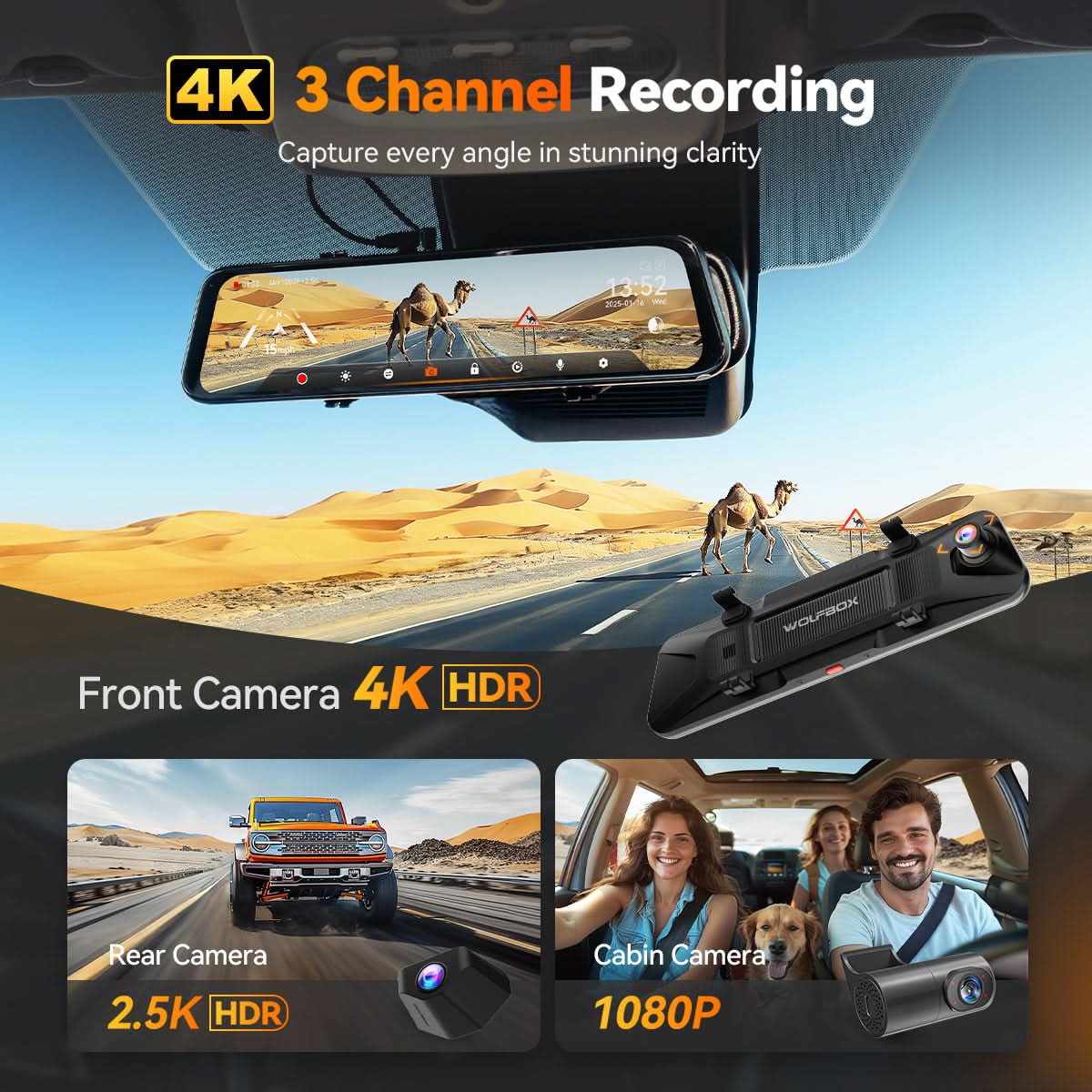 G900 TriPro 4K+2.5K+1080P 3 Channel Cabin Monitor Mirror Dash Cam