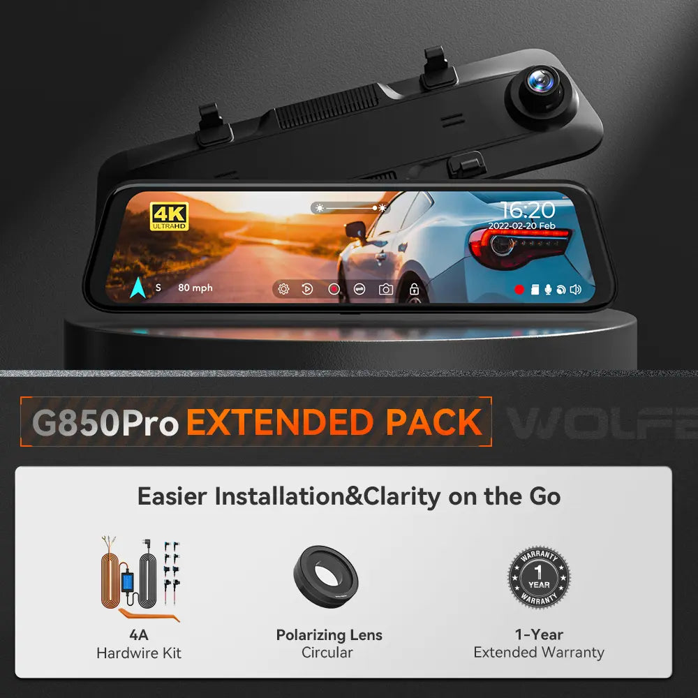 WOLFBOX G850Pro 4K Wifi ADAS Front and Rear Mirror Dash Cam
