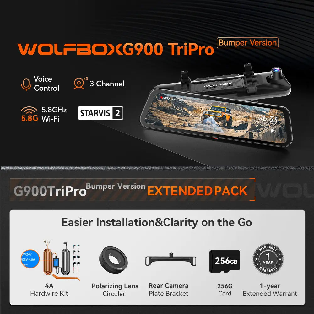 WOLFBOX G900 TriPro Bumper Version 3 Channel Rearview Mirror Cam